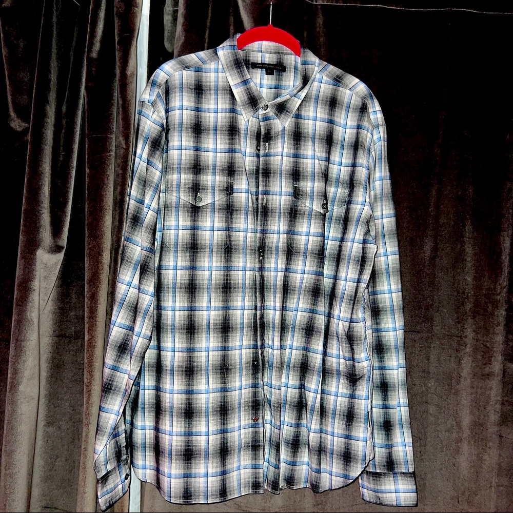 John Varvatos USA size XL with Blue, Brown, and Grey Plaid Shirt XL
